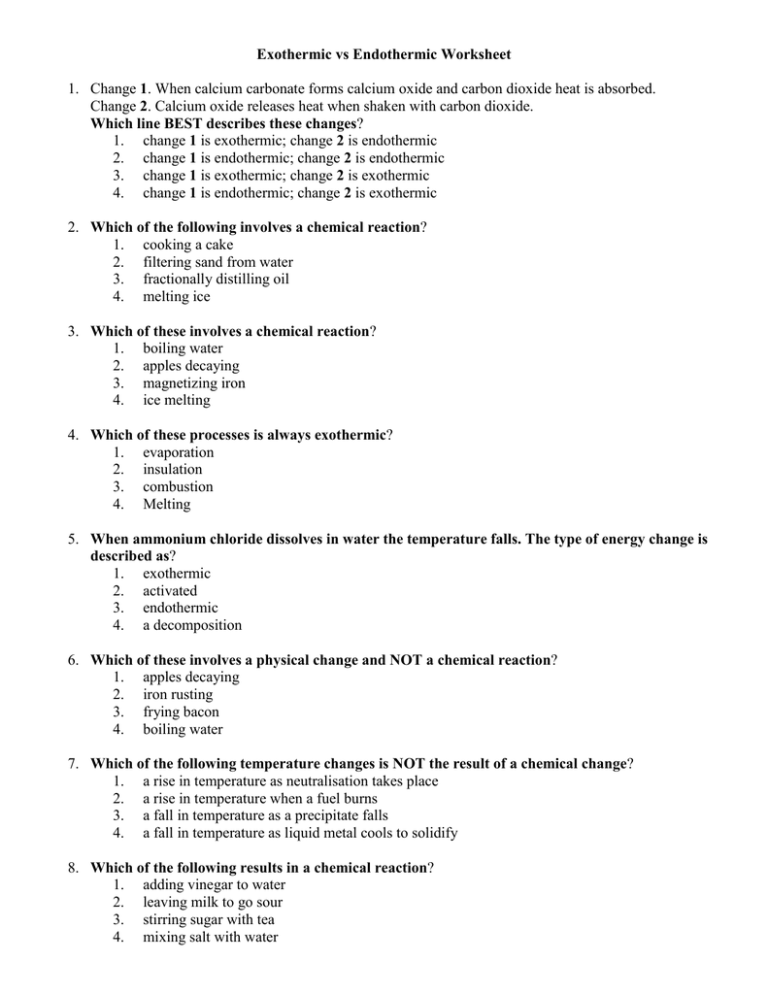 Exothermic Vs Endothermic Worksheet Change 1 When Calcium
