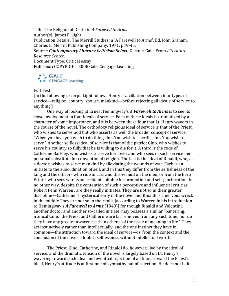 The Religion of Death in Farewell to Arms