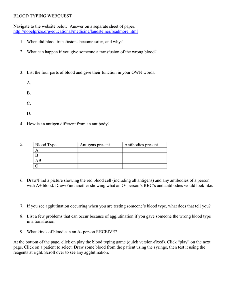 BLOOD TYPING WEBQUEST