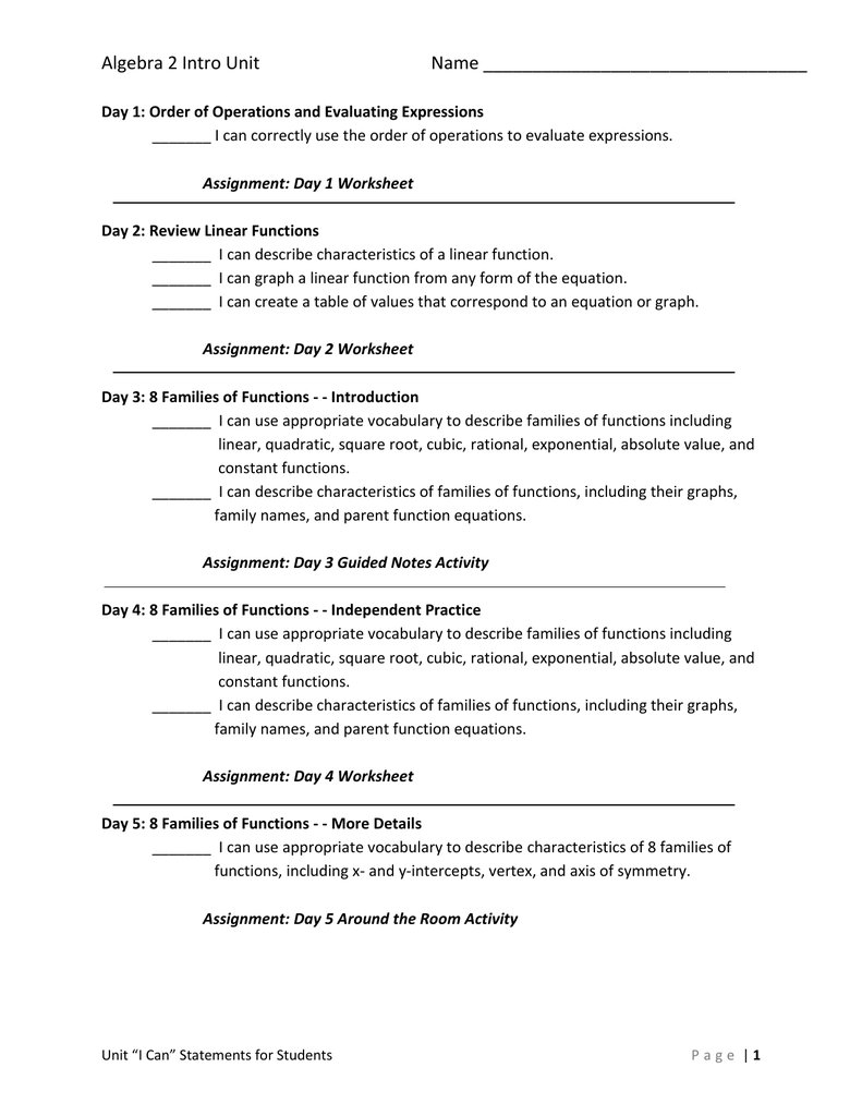 Assignment Sheet - Warren County Schools Pertaining To Families Of Functions Worksheet