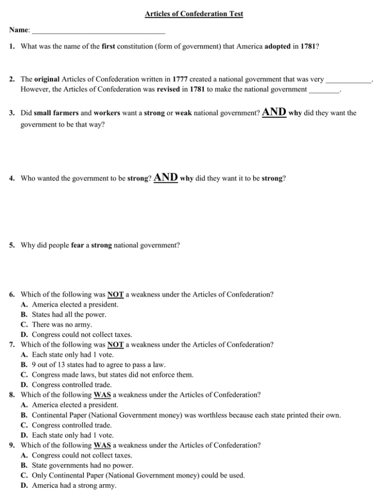 Articles Of Confederation Test