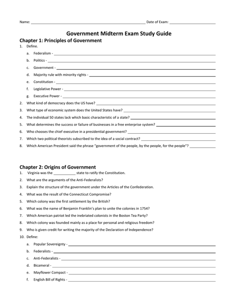 Government Midterm Exam Study Guide Chapter 1 Principles Of