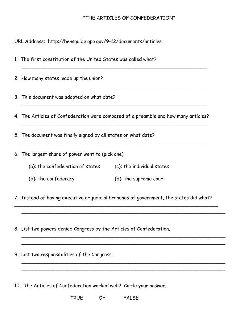 Articles of confederation worksheet