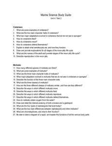 Marine Science Study Guide Unit 4: Test 2 Cnidarians What are