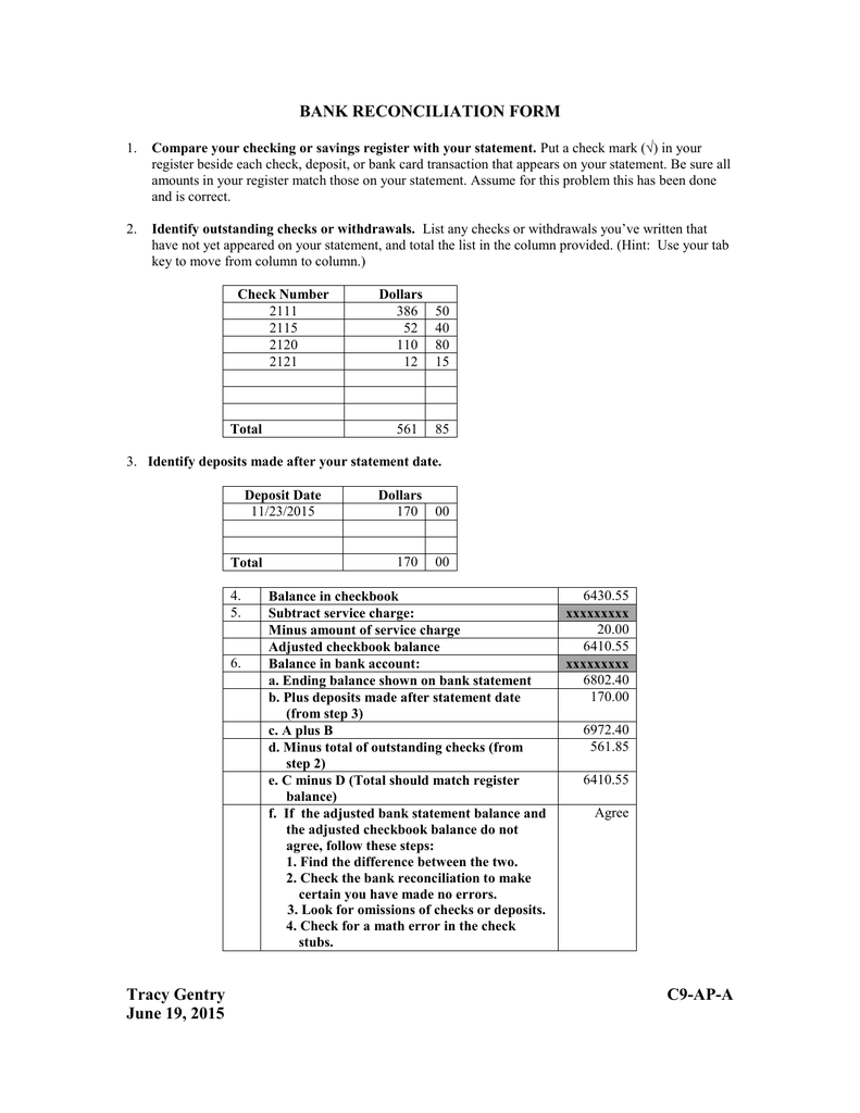 BANK RECONCILIATION FORM For Checkbook Register Worksheet 1 Answers