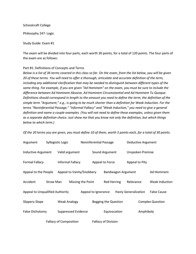 Schoolcraft College logic study guide exam 1