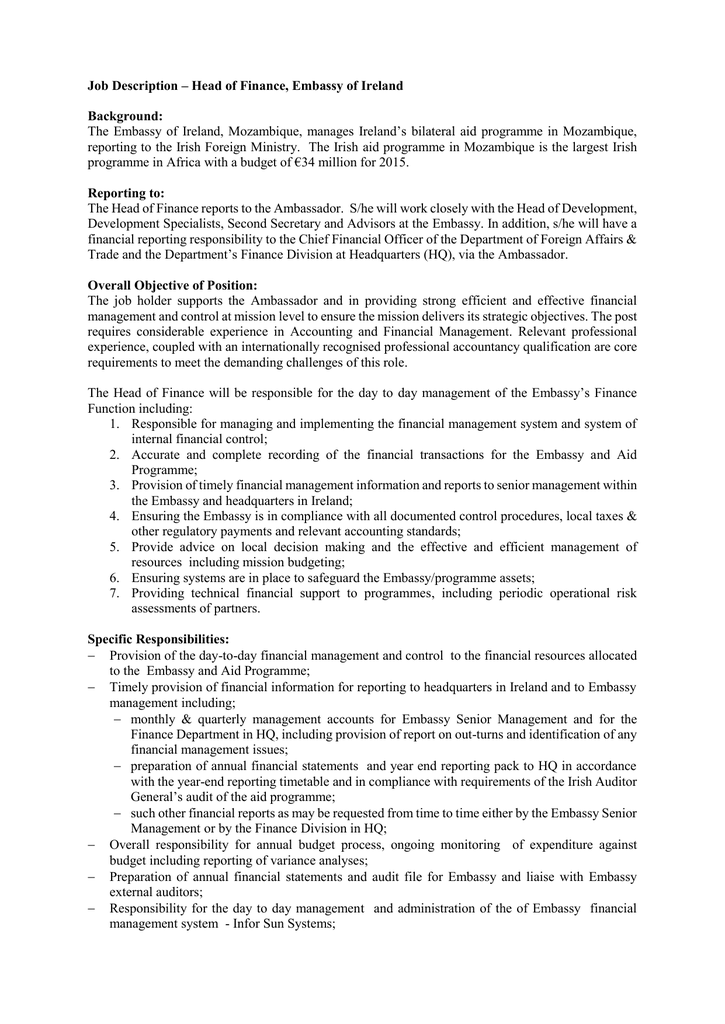 Job Description Head Of Finance Embassy Of Ireland Background