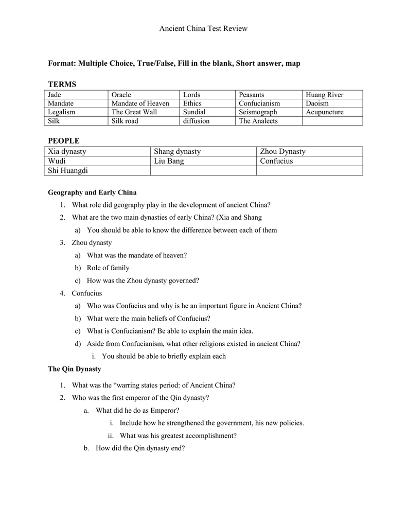 Ancient China Test Review Format Multiple Choice True False Fill