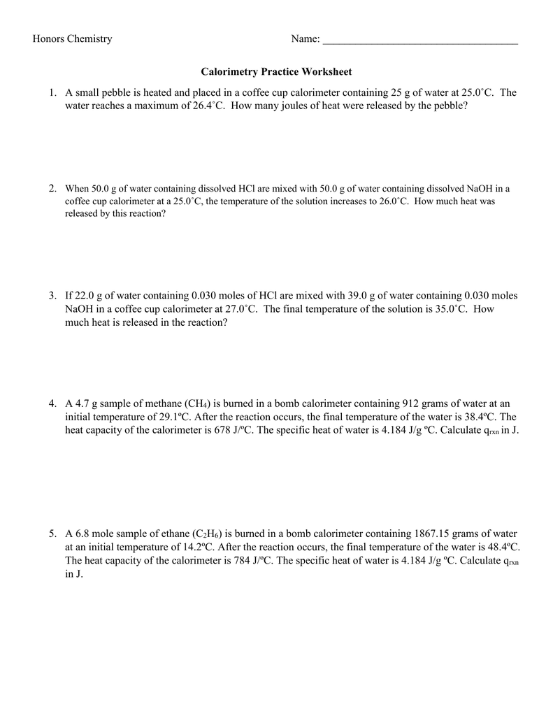 Calorimetry Worksheet