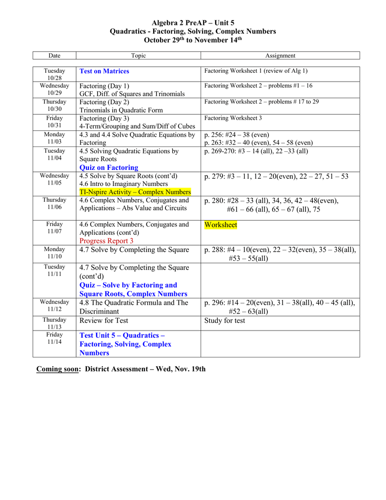 Honors Algebra II Assignment Sheet for September With Algebra 2 Factoring Worksheet