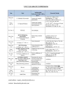 UNIT 5: QUADRATIC EXPRESSIONS Date Topic Learning Goals By