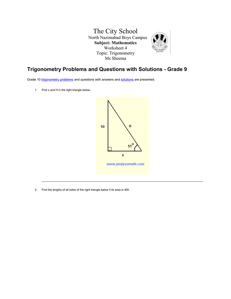 grade 10 trigonometry problems and questions with answers and