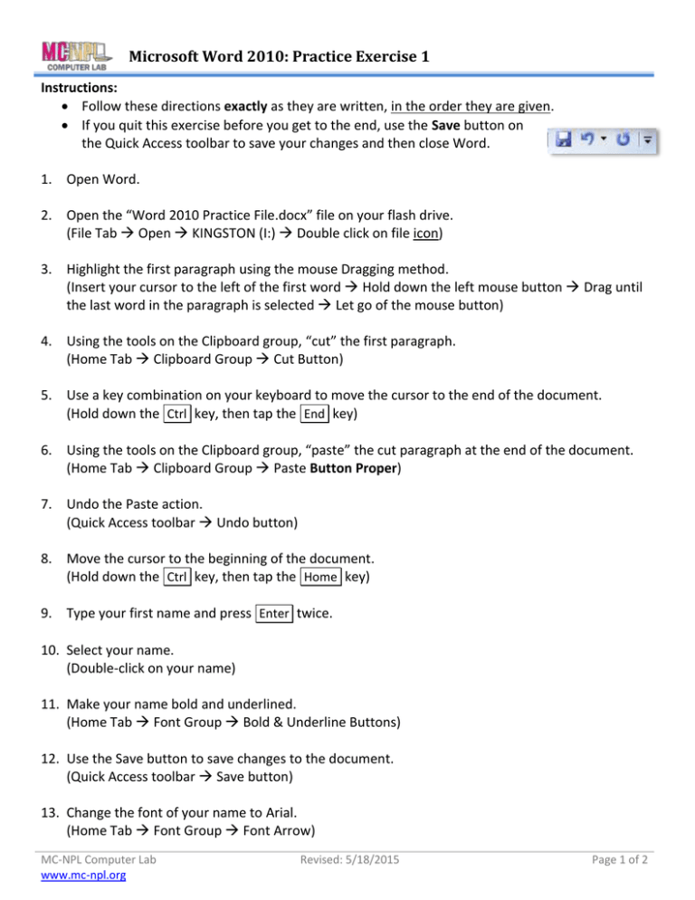 Microsoft Word 2010 Practice Exercise 1 Instructions