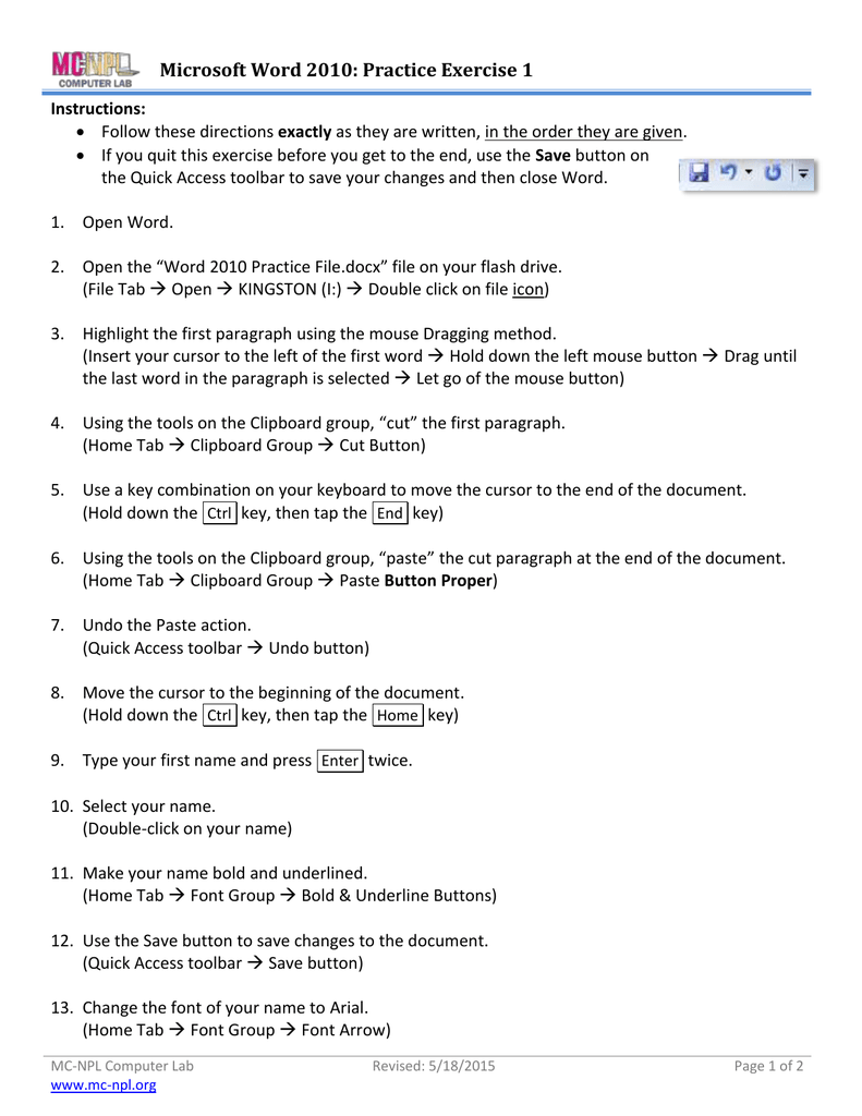 Microsoft Word 2010 Practice Exercise 1 Instructions