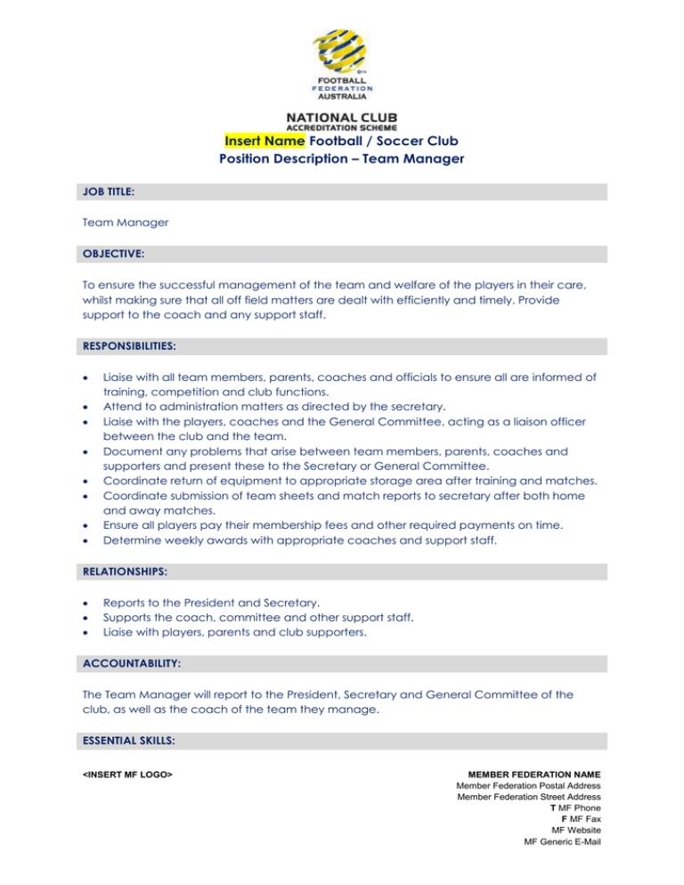 Position Description Team Manager