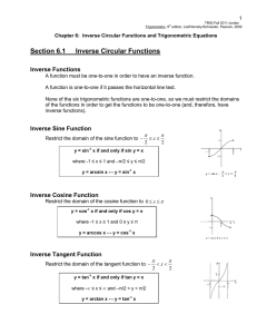 Section 6.1 Inverse Circular Functions Inverse Functions