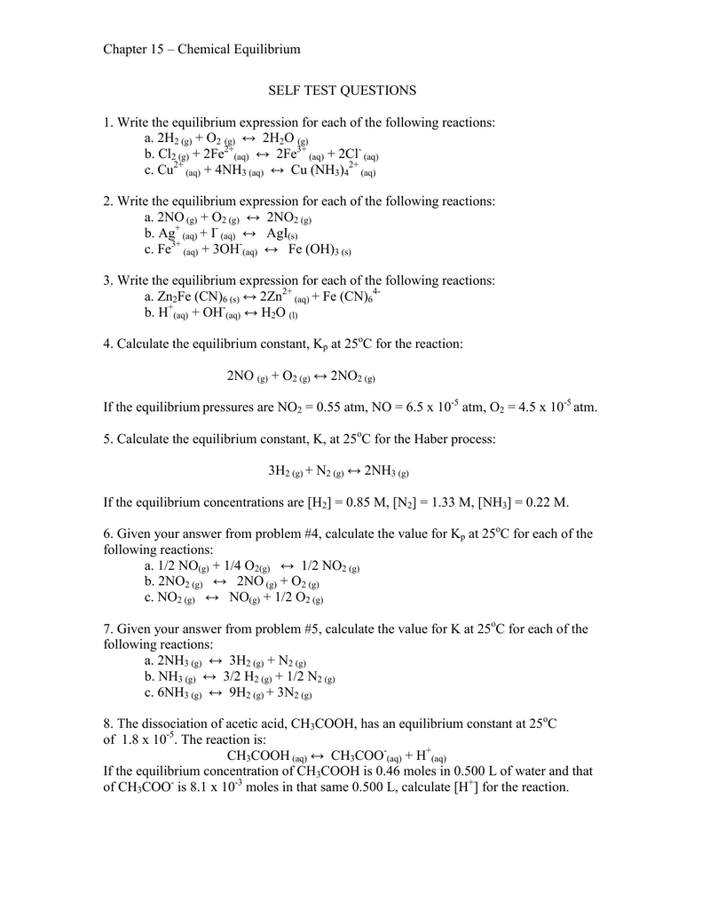 Chapter 15 Chemical Equilibrium Self Test Questions