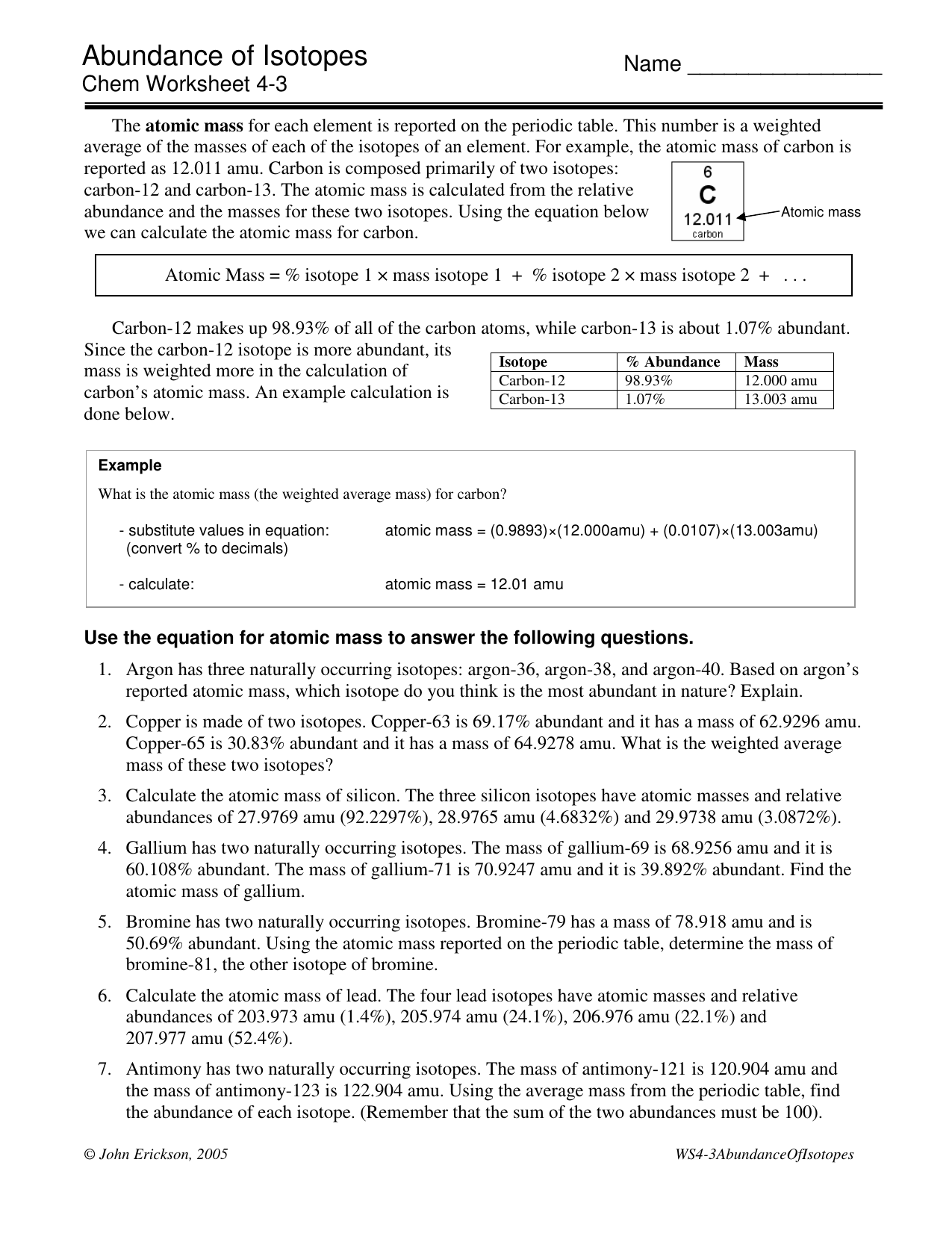 Abundance Of Isotopes Name Chem Worksheet 4 3