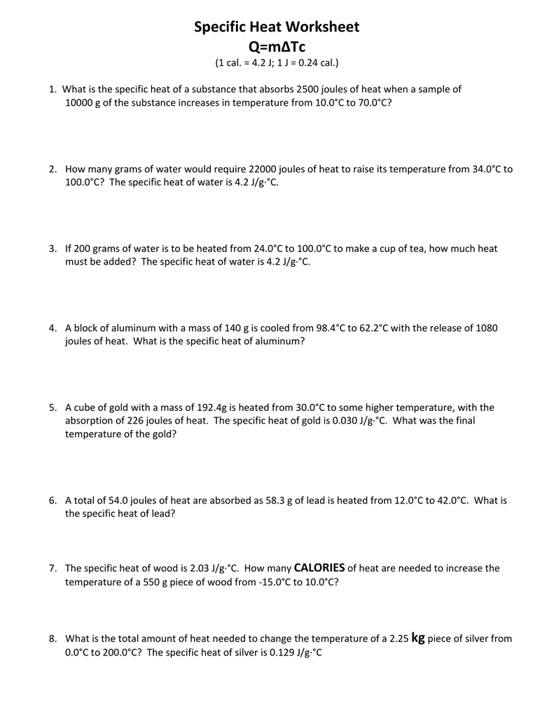 32 Calculating Specific Heat Worksheet Support Worksheet