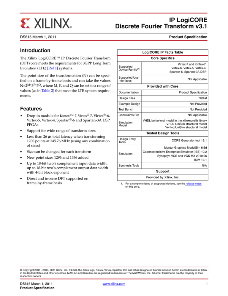 IP LogiCORE Discrete Fourier Transform v3.1 Introduction