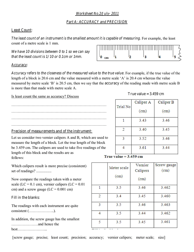 Worksheet No.22/July- 222 Part A: ACCURACY and PRECISION Least Count: Inside Accuracy Vs Precision Worksheet