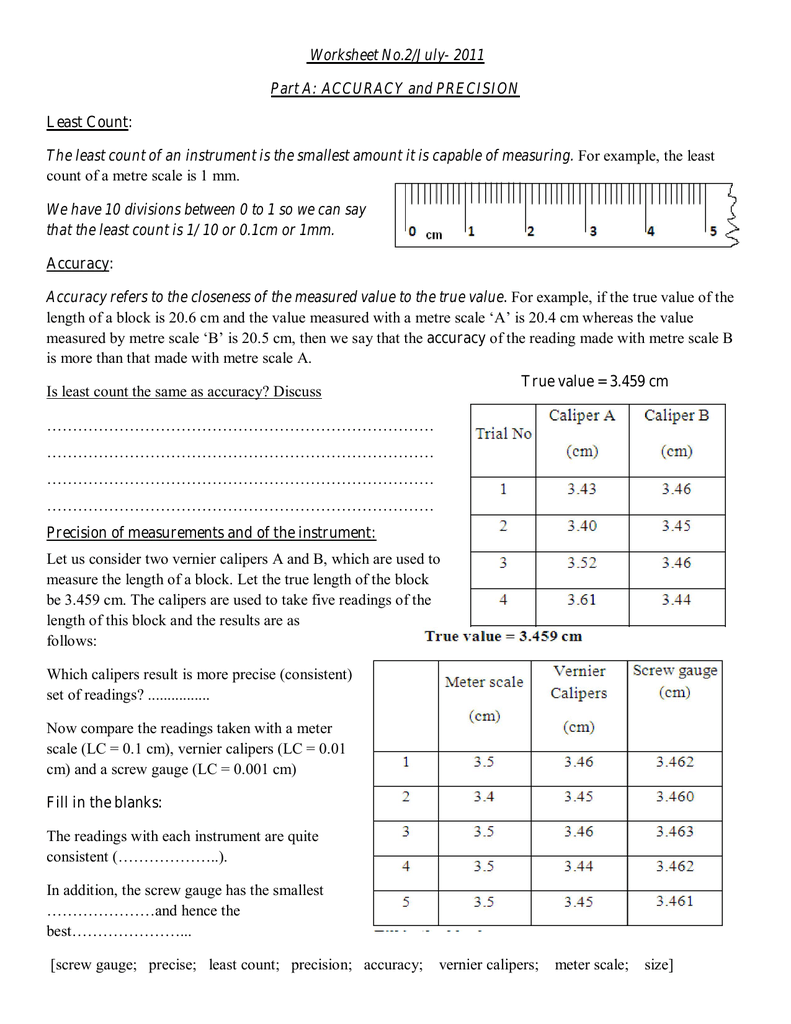 Worksheet No 2 July 2011 Part A ACCURACY And PRECISION Least Count 