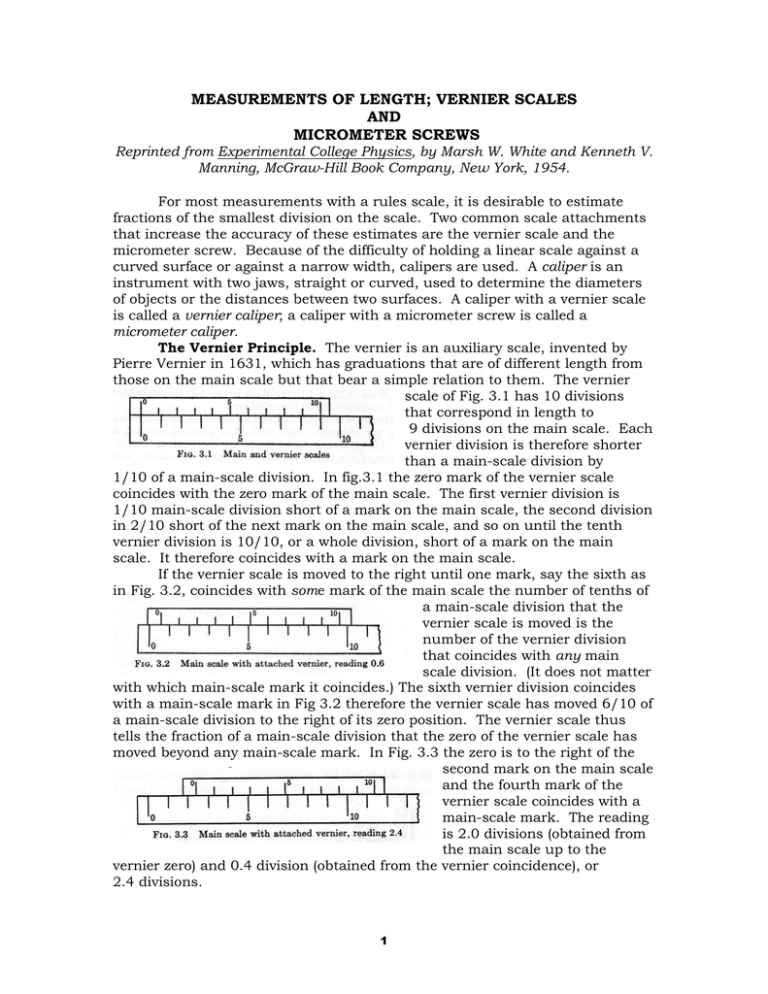 MEASUREMENTS OF LENGTH; VERNIER SCALES AND MICROMETER SCREWS