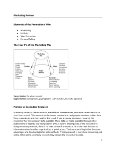 Marketing Review  Elements of the Promotional Mix:  The Four P’s of the Marketing Mix  Primary vs Secondary Research 