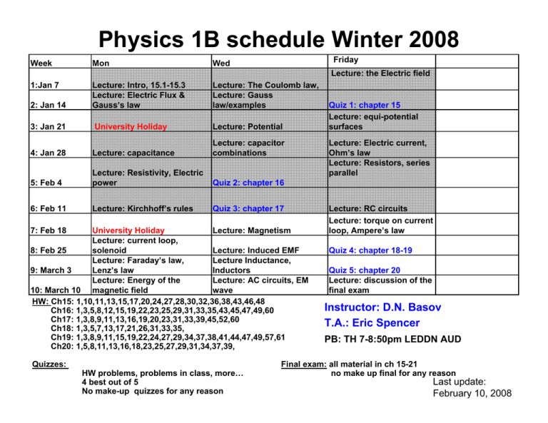 Physics 1B schedule Winter 2008