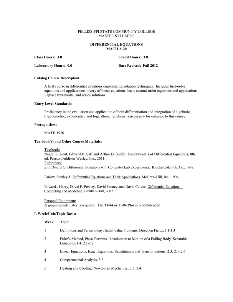 PELLISSIPPI STATE COMMUNITY COLLEGE MASTER SYLLABUS DIFFERENTIAL EQUATIONS  MATH 2120