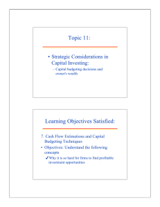 Topic 11: Learning Objectives Satisfied: • Strategic Considerations in Capital Investing: