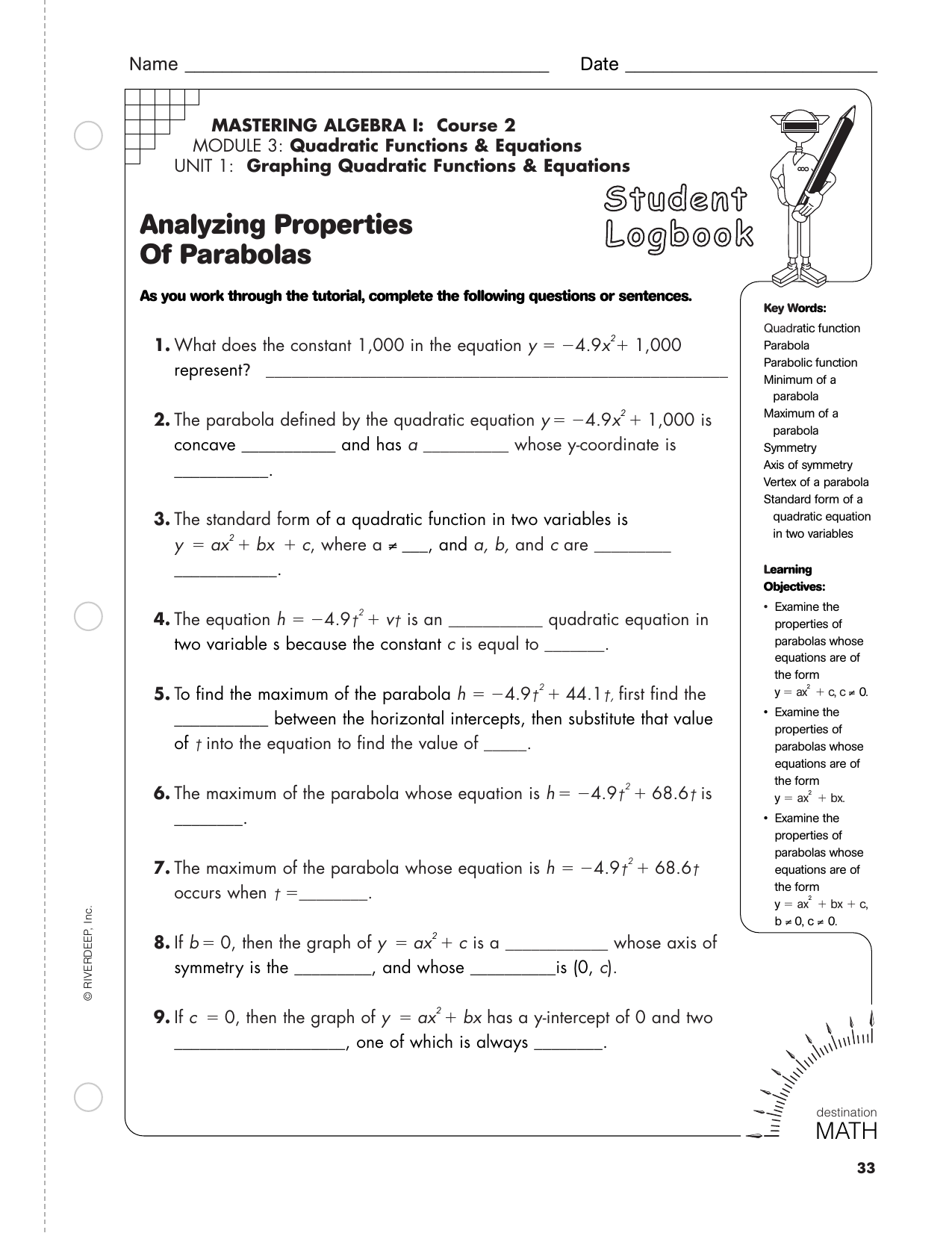 Analyzing Properties Of Parabolas Name