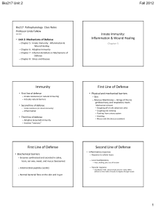 Bio217 Unit 2 Fall 2012 Innate Immunity: Inflammation &amp; Wound Healing