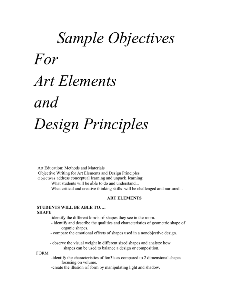 Sample Objectives For Art Elements and