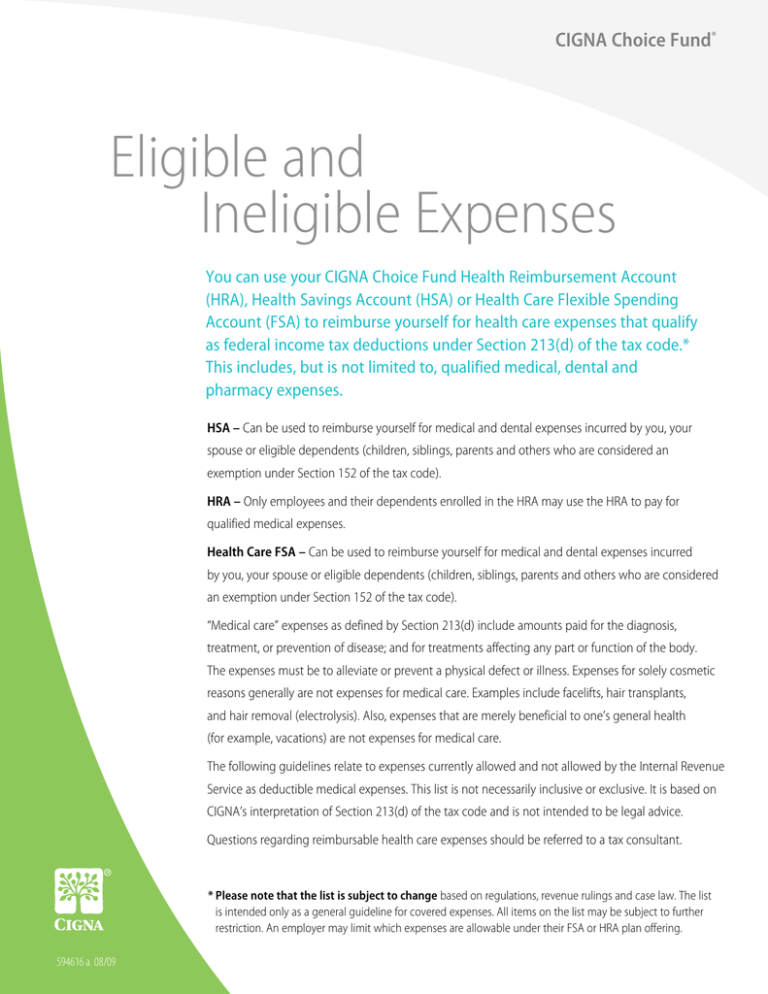 Eligible And Ineligible Expenses CIGNA Choice Fund