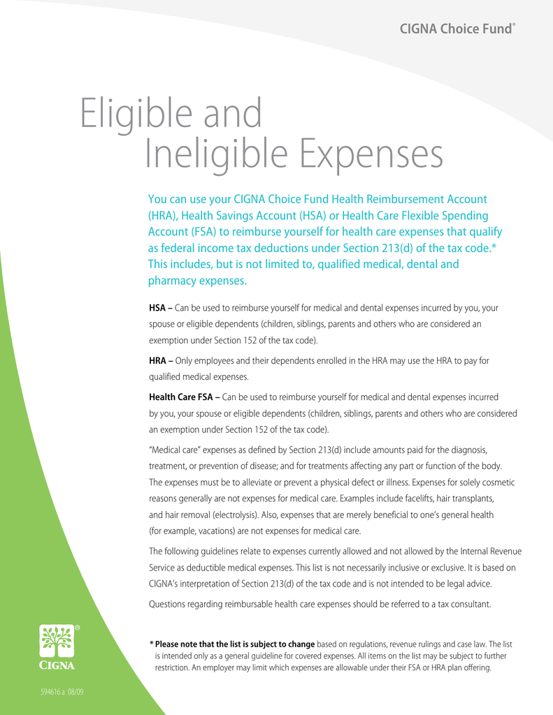 Eligible And Ineligible Expenses Cigna Choice Fund