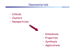Nanomaterials • Colloids • Clusters • Nanoparticles