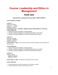 Course- Leadership and Ethics in Management  PHAR 3233