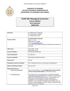 ECON 340: Managerial Economics    Course Syllabus  First Semester 