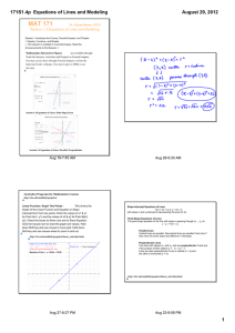 MAT 171           171S1.4p  Equations of Lines and Modeling August 29, 2012 Section 1.4 Equations of Lines and Modeling