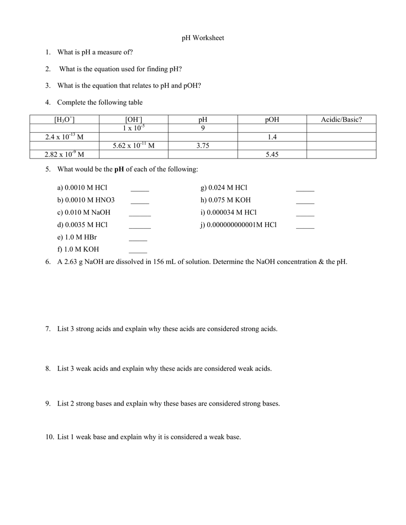 PH Worksheet 1 What Is PH A Measure Of 