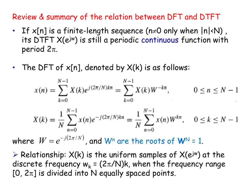 Review Amp Summary Of The Relation Between Dft And Dtft