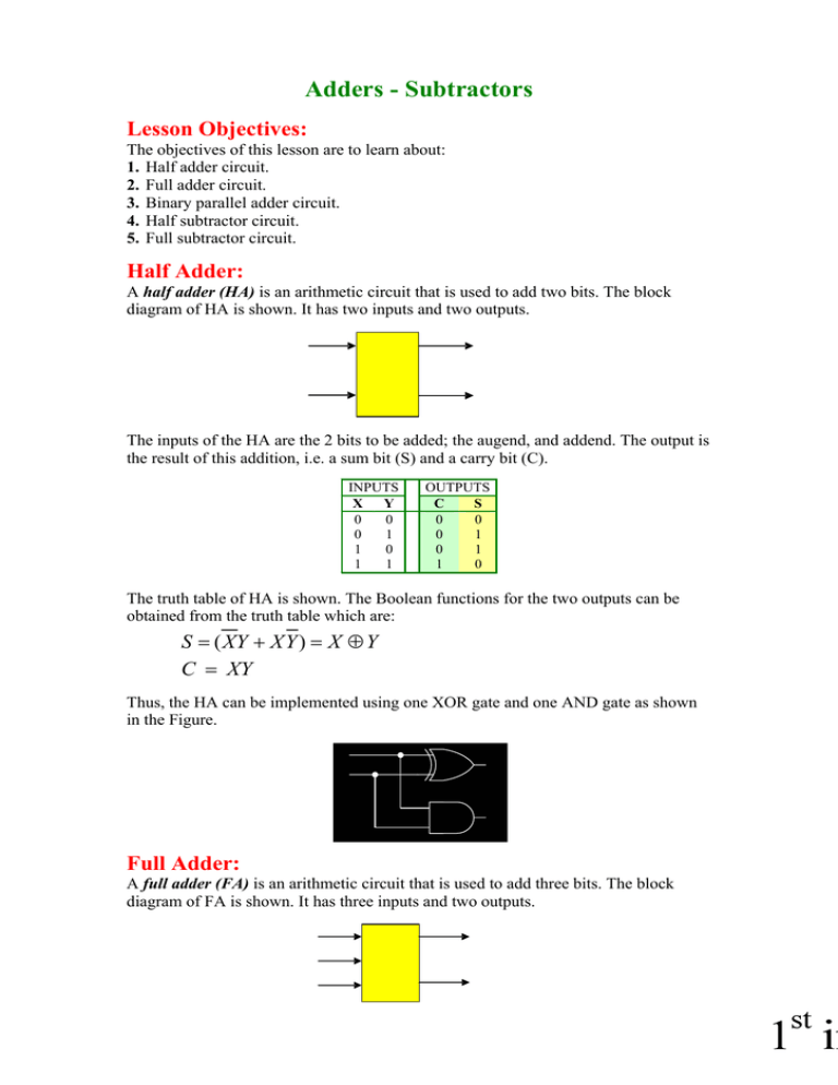 half adder truth table 2 input