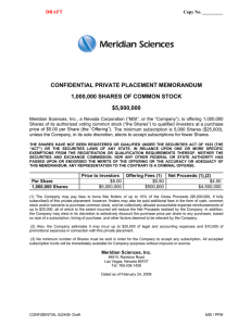 CONFIDENTIAL PRIVATE PLACEMENT MEMORANDUM 1,000,000 SHARES OF COMMON STOCK $5,000,000