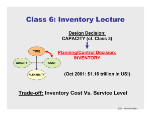 Class 6: Inventory Lecture Trade-off: Inventory Cost Vs. Service Level Design Decision: