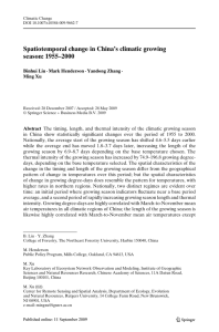 Spatiotemporal change in China’s climatic growing season: 1955–2000 Binhui Liu