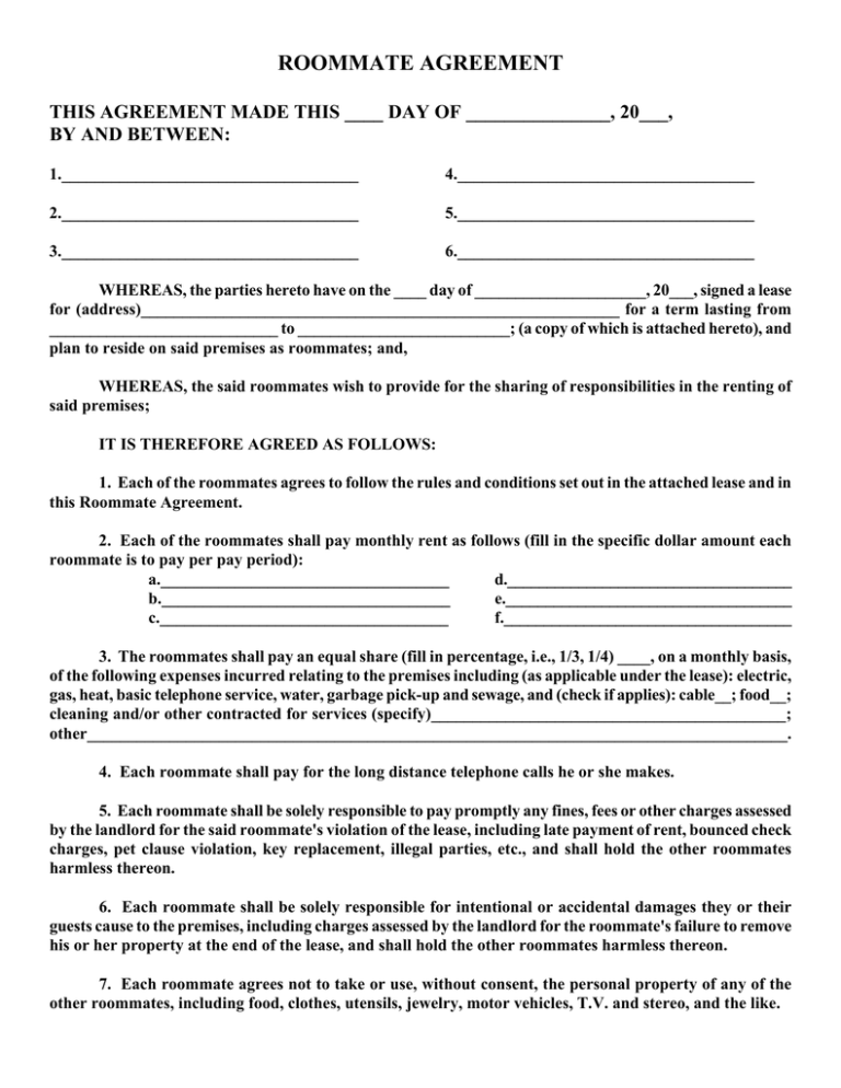 ROOMMATE AGREEMENT THIS AGREEMENT MADE THIS DAY OF 