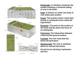 Earthquake: A vibration caused by the sudden breaking or frictional sliding