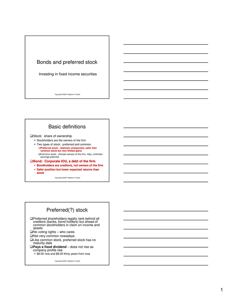 Bonds And Preferred Stock Basic Definitions Preferred Stock Investing In Fixed Income Securities