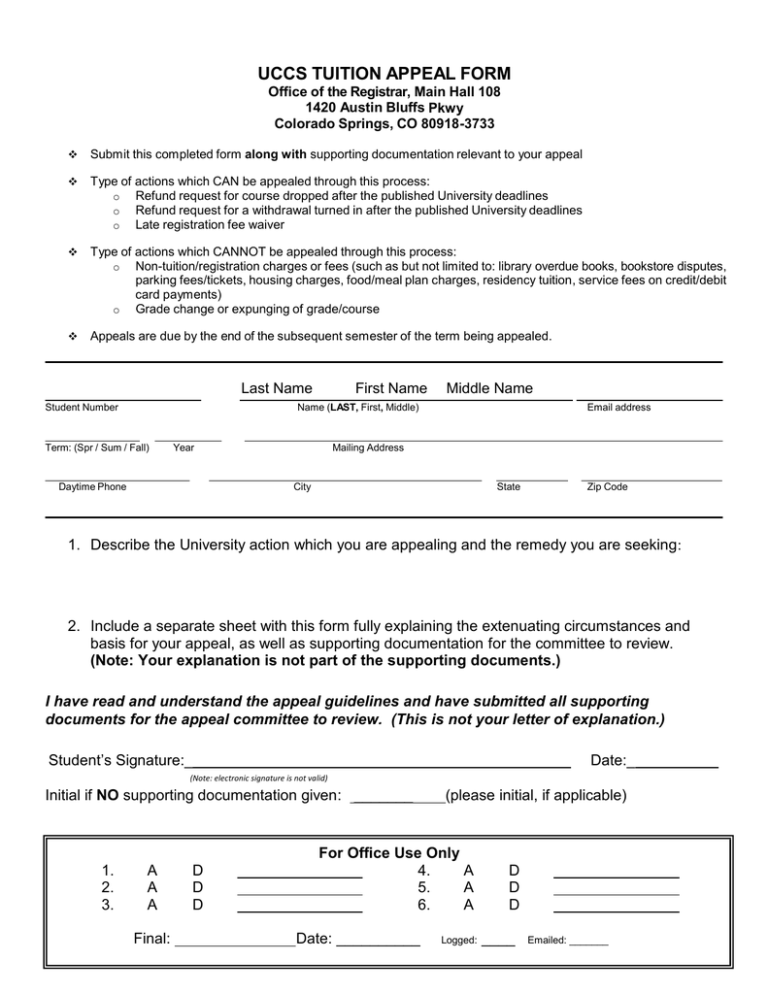 UCCS TUITION APPEAL FORM